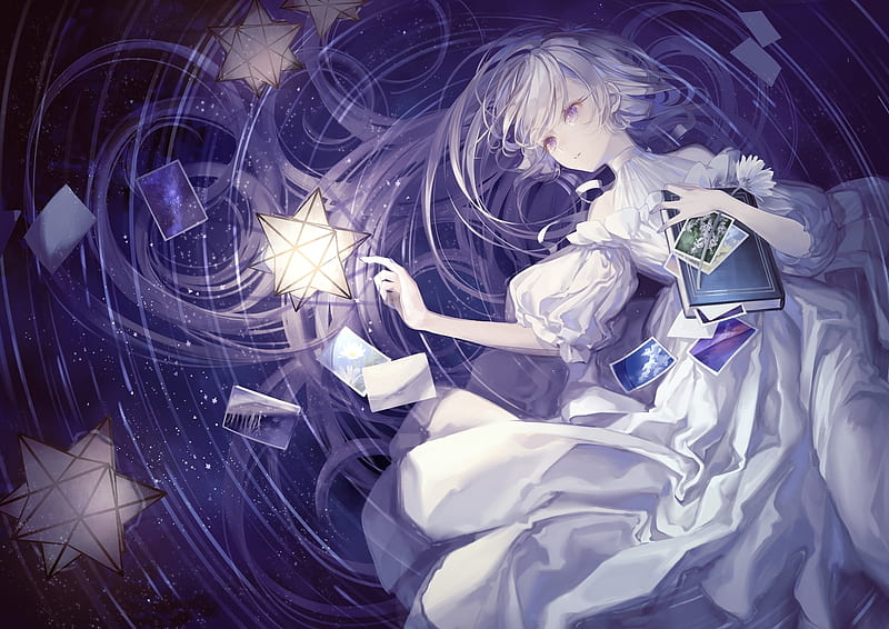 White Hair Blue Dress Flowers Princess Purple Eyes Anime Girl HD