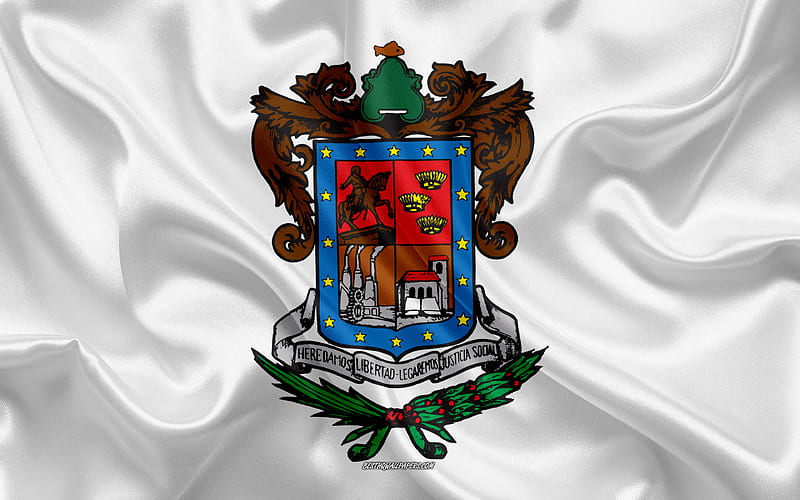 Flag of Michoacan de Ocampo silk flag, Mexican state, Michoacan de Ocampo flag, coat of arms, silk texture, Michoacan de Ocampo, Mexico, HD wallpaper