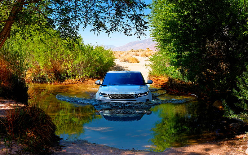 Range Rover Evoque, offroad, 2018 cars, Evoque in river, SUVs, White Evoque, Land Rover, Range Rover, HD wallpaper