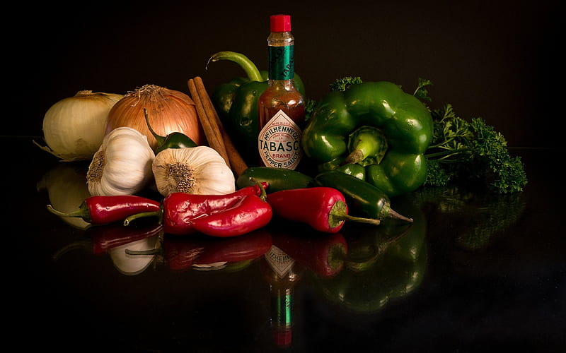 vegetables, sauce, pepper, chilli, bell, garlic, tobasco, onoin, HD wallpaper