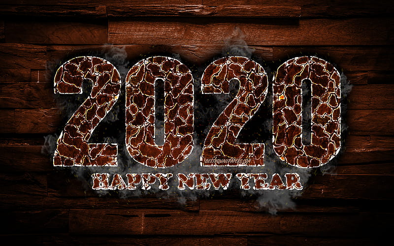 2020 brown fiery digits Happy New Year 2020, brown wooden background, 2020 fire art, 2020 concepts, 2020 year digits, 2020 on brown background, New Year 2020, HD wallpaper