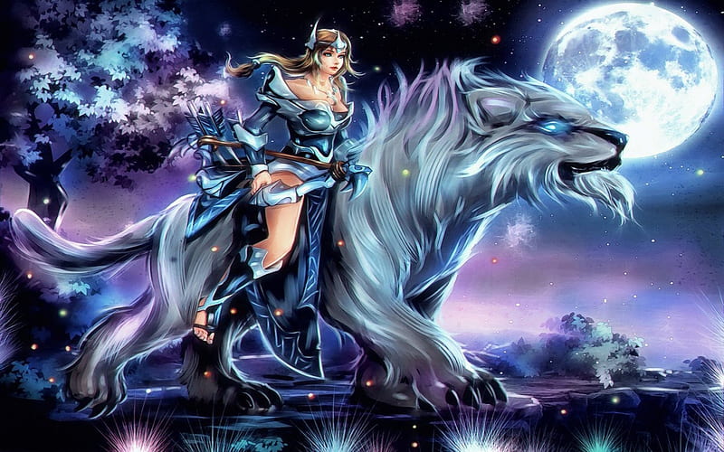 Mirana Moon Dota 2 Game Fantasy Moon Purple Wolf Pink Blue Hd Wallpaper Peakpx