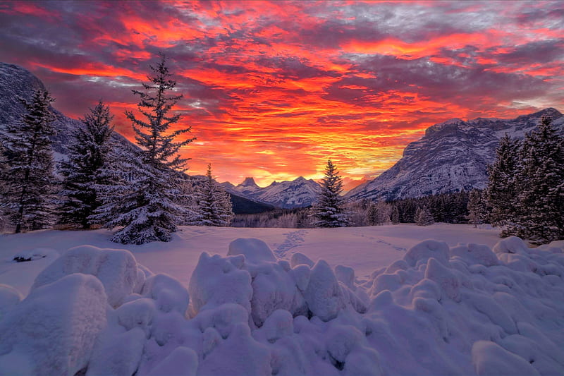 Sunset on Kananaskis Country, Alberta, Canada, sunset, nature, snow, mountains, HD wallpaper