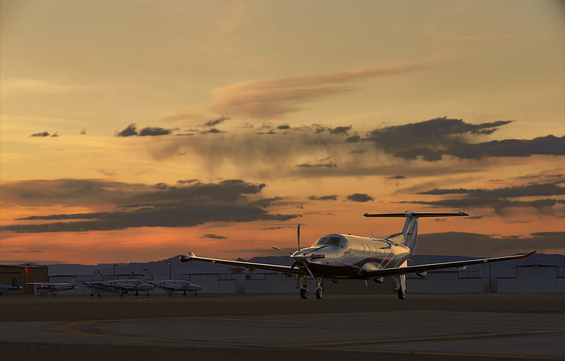 Sunset, The Plane, The Airfield, PILATUS, PC 12 For , Section авиация, HD wallpaper