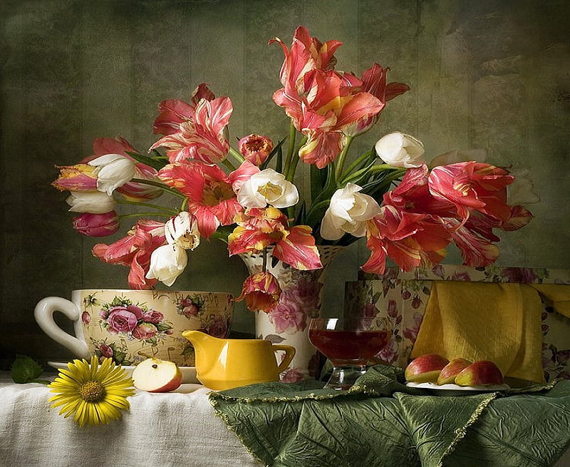 Perfect harmony, red, pretty, gift box, yellow, vase, slices, still life, fruit, yellow napkin, bright, flowers, musical notes, tulips, cups, apple, apples, wine, sunflower, mug, tablecloth, roses, glas fruit, glass, lillies, cup, white, creamer, daisy, HD wallpaper