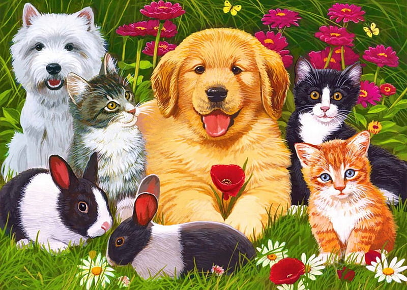 Cute friends, pretty, grass, bonito, sweet, nice, puppies, painting, rabbits, flowers, kitties, friends, art, lovely, kittens, daisies, cute, garden, bunnies, cats, HD wallpaper