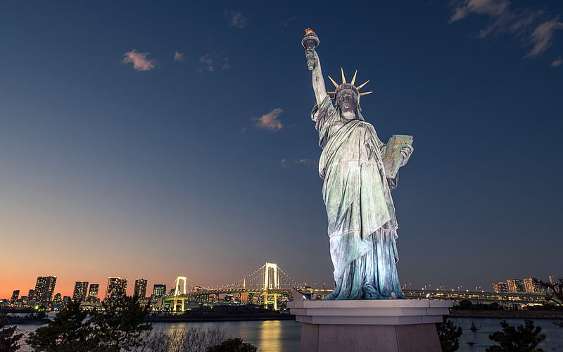 Odaiba Statue of Liberty, Tokyo, japan, night, cityscape, city lights, statues, sights, Tokyo landmarks, replica of Lady Liberty, HD wallpaper