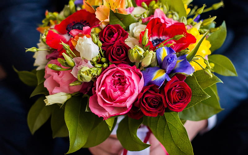 wedding bouquet, multicolored flowers, eustoma, irises, roses, bridal bouquet, HD wallpaper