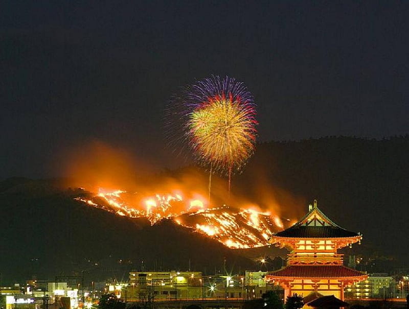 Nara Prefecture, festival, hanabi, japan, japanese, nara, fireworks, night, HD wallpaper