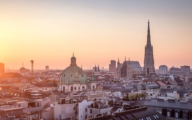 Vienna, St Stephens Cathedral, morning, sunrise, cityscape, Vienna panorama, Austria, Stephansdom, HD wallpaper