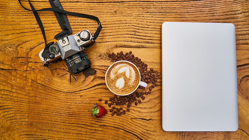 camera coffee, corazones, logo, love, love forever, plus, strawberry, wood, HD wallpaper