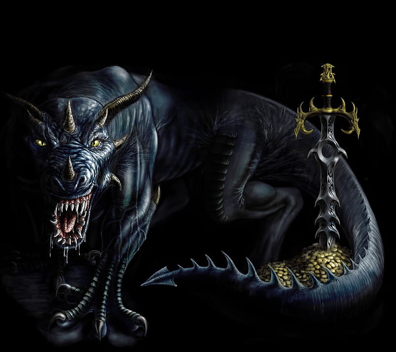 Shadow Dragon, dark, drake, gold, ophidian, reptile, serpent, sword, HD wallpaper