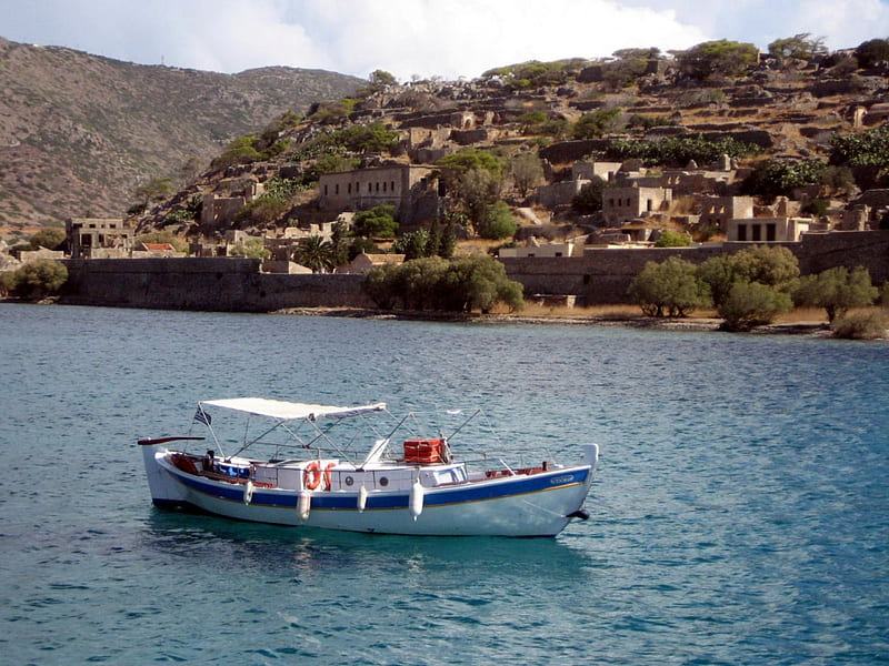 Crete, water, boat, nature, island, trees, sky, sea, blue, HD wallpaper