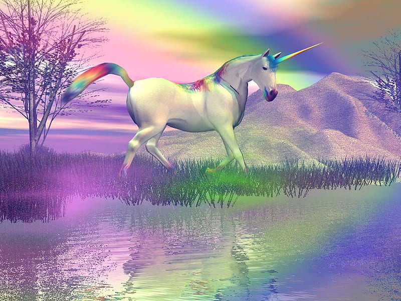 Rainbow Reflections, fantasy, water, unicorn, rainbow, reflections, other, HD wallpaper