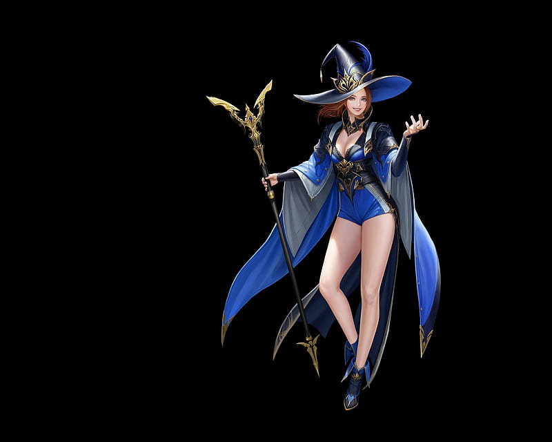 Witch, arang, fantasy, luminos, taekwon kim, girl, black, blue, hat, HD wallpaper