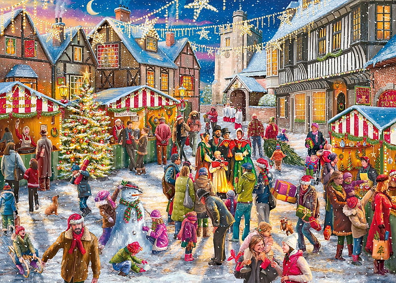 Christmas Carols, art, carol, craciun, christmas, people, painting, pictura, winter, HD wallpaper