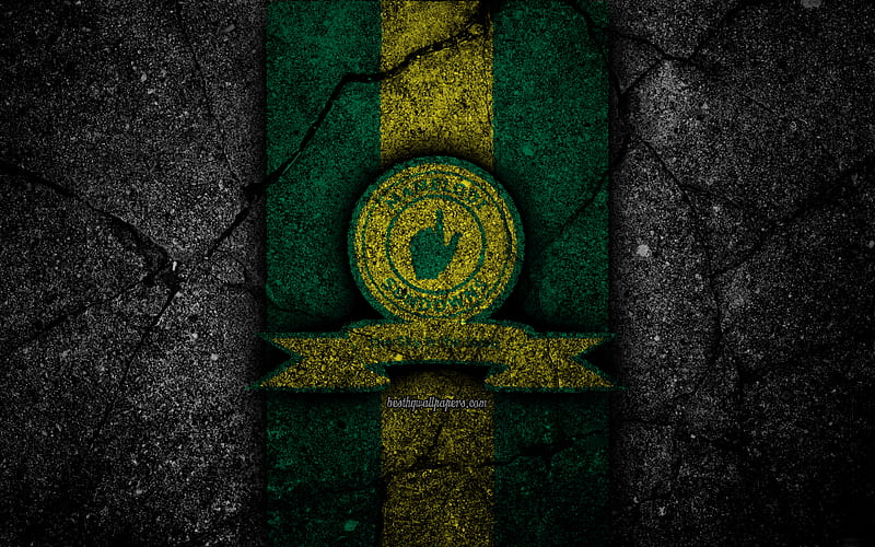 Mamelodi Sundowns FC emblem, South African Premier League, soccer, logo, South Africa, grunge, Mamelodi Sundowns, black stone, asphalt texture, football, FC Mamelodi Sundowns, HD wallpaper