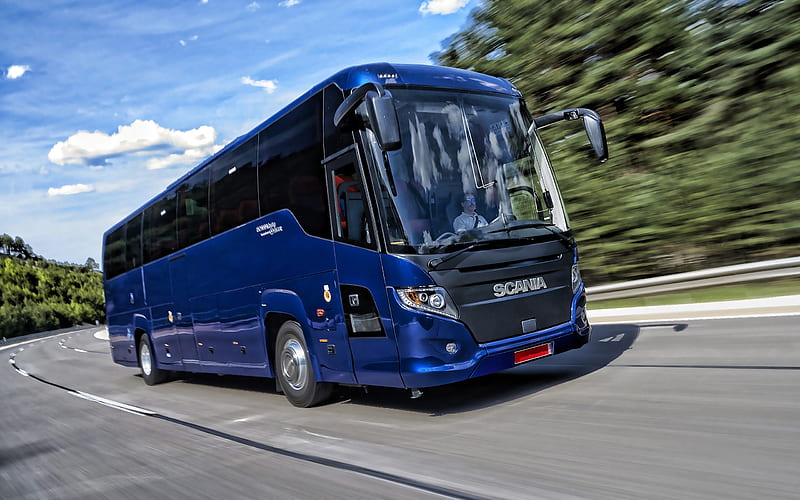 Scania Touring, 2019, large passenger bus, tourist bus, new blue Scania, passenger transport, buses, Scania, HD wallpaper