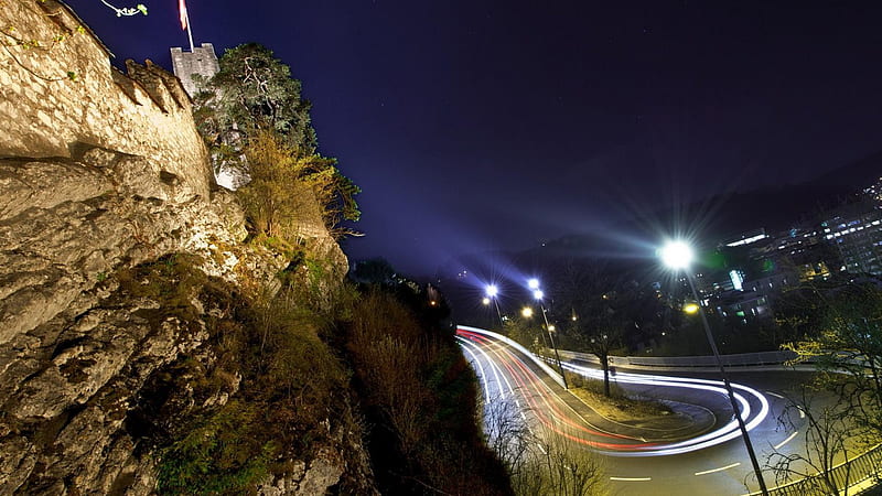 serpentine road up a mountain, mountain, city, winding, road, lights, night, HD wallpaper