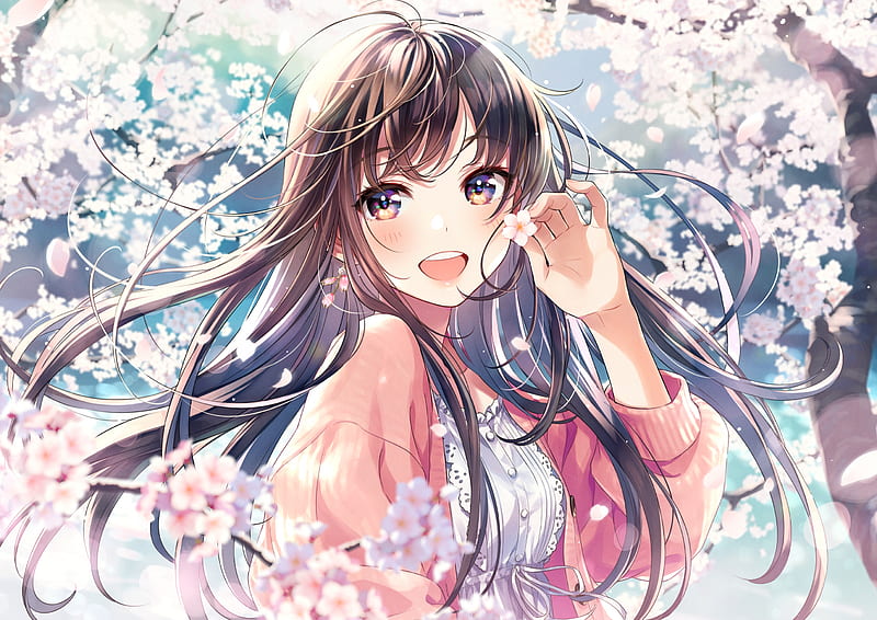 anime girl, flowers, pretty face, long hair, HD wallpaper