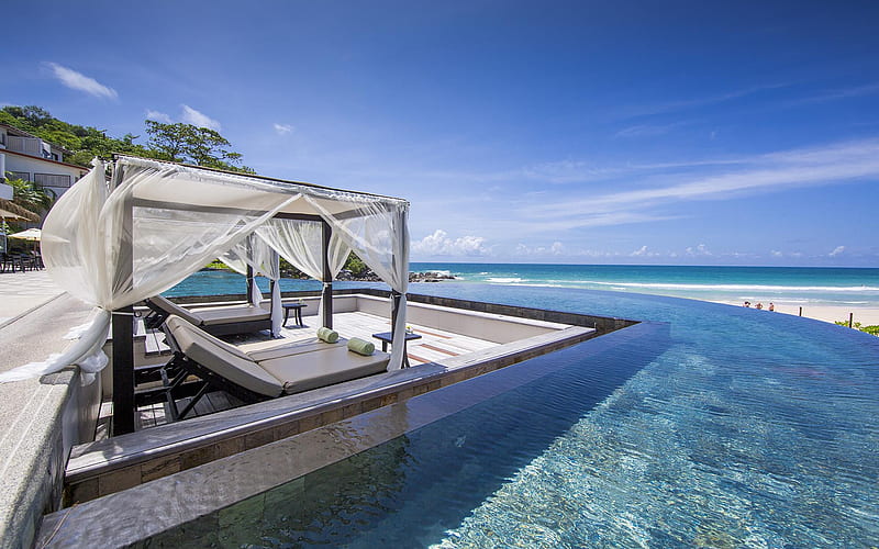 Phuket, ocean, tropical islands, summer, swimming pool on the beach, luxury hotels, Thailand, HD wallpaper
