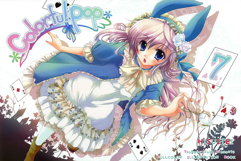 Alice, ruffles, dress, girl, anime, bow, white, blue, HD wallpaper