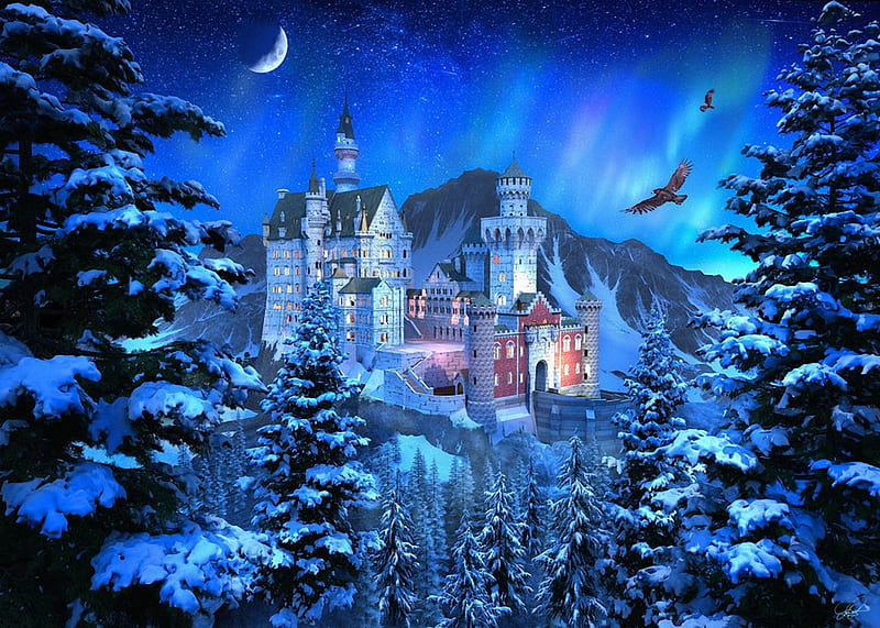 Midnight Castle, moon, neuschwanstein, snow, mountains, sky, trees, winter, stars, artwork, digital, HD wallpaper