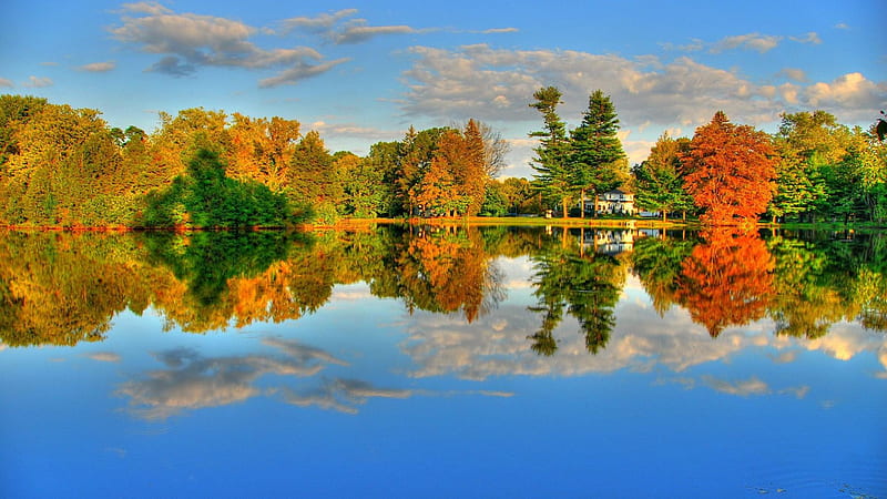 wonderful autumn lakescape, autumn, house, reflection, trees, lake, HD wallpaper