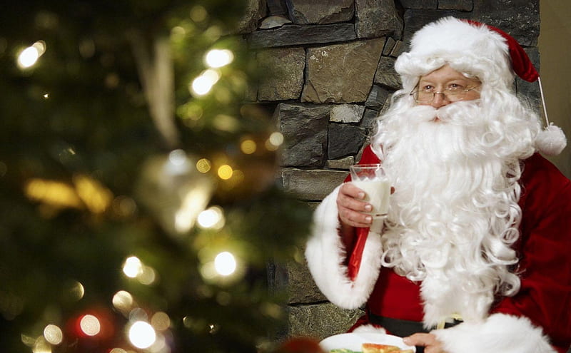 Santa Claus, red, christmas, man, lights, hat, tree, fantasy, fir, white, HD wallpaper