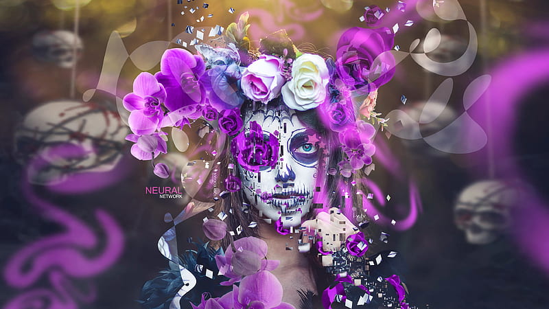 Dia de los muertos, sugar skull, wreath, model, rose, halloween, creative, woman, fantasy, girl, flower, face, pink, HD wallpaper
