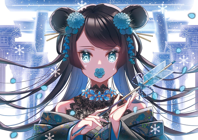 anime girl, face portrait, arrow, blue petals, torii, teary eyes, Anime, HD wallpaper