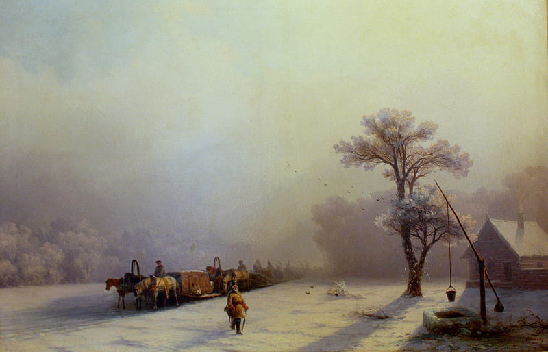 Winter train journey, cal, art, painting, horse, pictura, ivan aivazovsky, winter, iarna, people, HD wallpaper