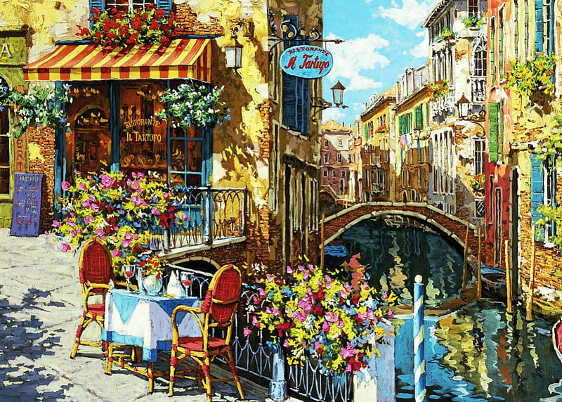 Restaurant Il Tartufo, canal, houses, painting, flowers, colors, venice, HD wallpaper