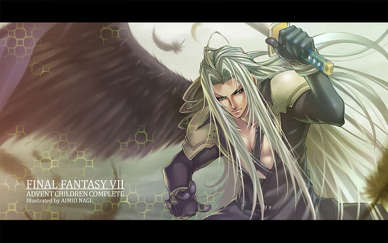 Sephiroth, ff7, games, final fantasy 7, white hair, green eyes, video games, final fantasy series, anime, final fantasy, weapon, long hair, sword, feathers, wings, male, advent children, final fantasy vii, lone, armour, HD wallpaper