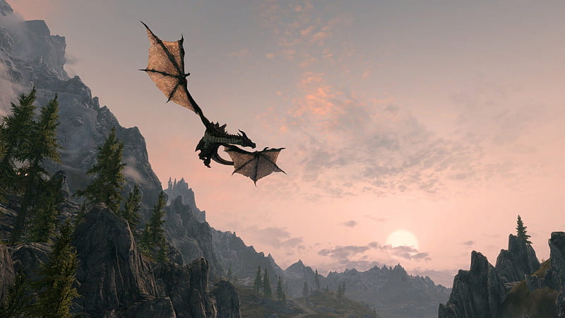 Skyrim: Dragon, mountain, Skyrim, nature, bonito, dragon, landscape, HD wallpaper