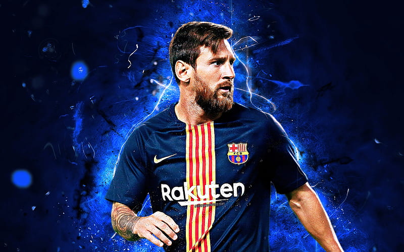 Messi, blue uniform, 2018, argentinian footballers, Barcelona FC, La Liga, Leo Messi, neon lights, soccer, LaLiga, Lionel Messi, Barca, football stars, HD wallpaper