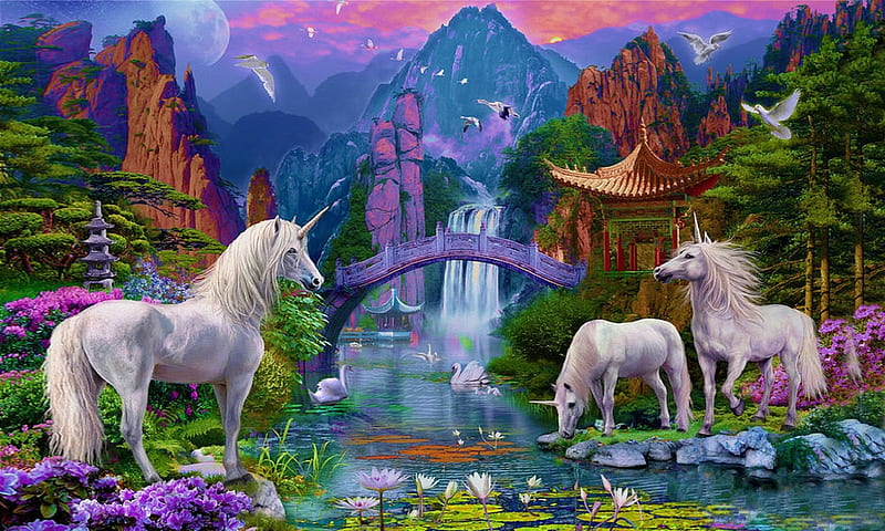 Magical Land of Unicorns, enchanting, water, mountains, orient, waterfall, magical, Unicorns, digital art, Bridge, HD wallpaper