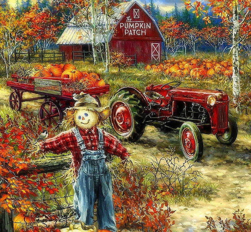 The Pumpkin Patch Farm, paintings, autumn, fall season, love four seasons, farms, scarecrow, attractions in dreams, pumpkins, tractor, HD wallpaper