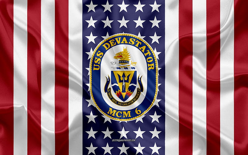 USS Devastator Emblem, MCM-6, American Flag, US Navy, USA, USS Devastator Badge, US warship, Emblem of the USS Devastator, HD wallpaper