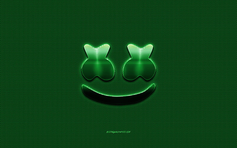 Marshmello logo, green metal logo, green metal mesh, American DJ, creative art, Marshmello, emblem, brands, HD wallpaper
