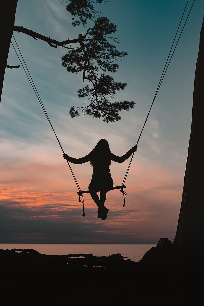 girl, swing, silhouette, branch, sunset, HD phone wallpaper