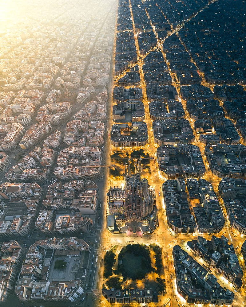 architecture, building, cityscape, Barcelona, Spain, portrait display, street, split view, aerial view, sunlight, night, HD phone wallpaper