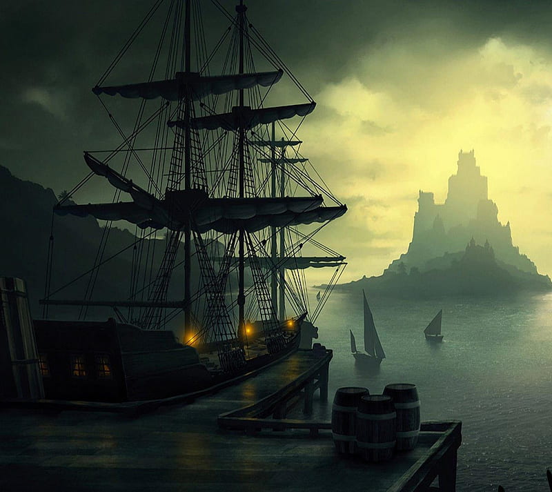 Pier, assassin, boats, castle, fantasy, harbor, harbour, HD wallpaper