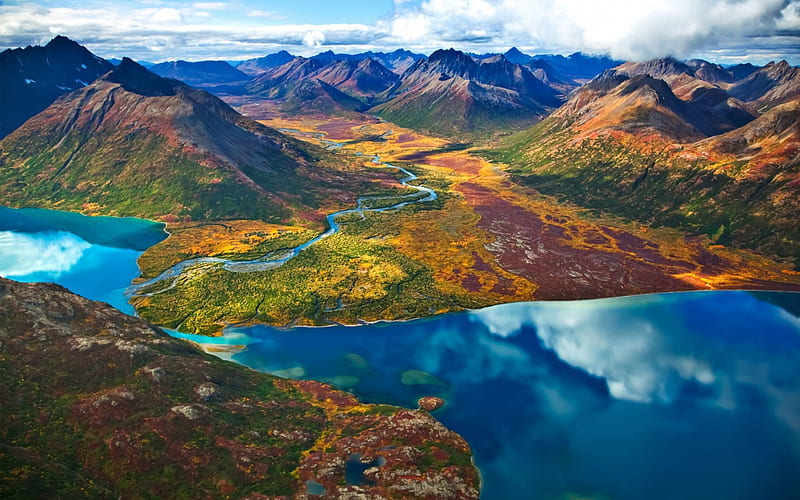 Stunning Aerial Panorama, lakes, tributaries, mountains, peaks, nature, HD wallpaper