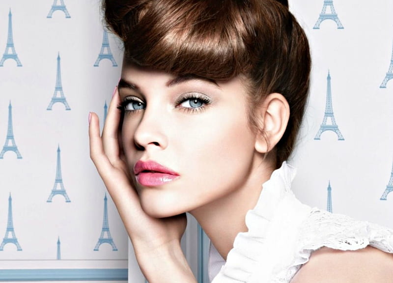 Barbara Palvin, model, woman, lips, girl, hand, face, white, pink, blue, HD wallpaper