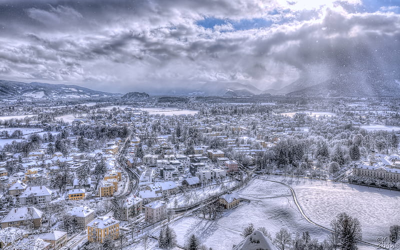 Salzburg winter, panorama, Alps, snowfalls, Europe, Austria, HD wallpaper