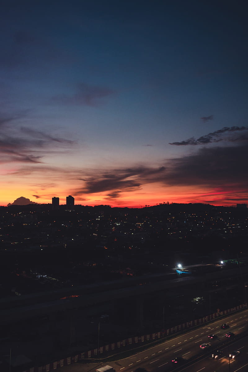 night city, dark, aerial view, twilight, horizon, HD phone wallpaper