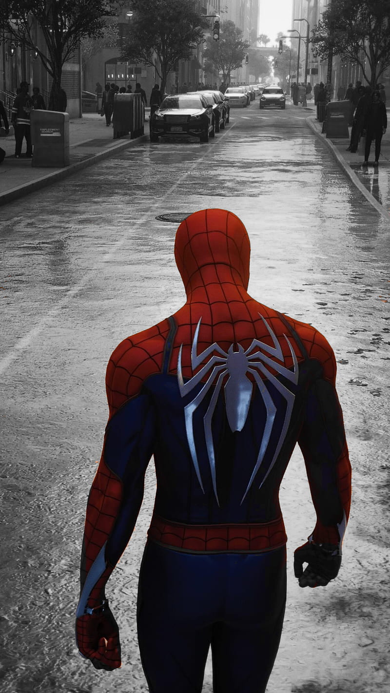 Spiderman, back, black and white, bw, carros, city, game, hero, logo, road,  HD phone wallpaper | Peakpx