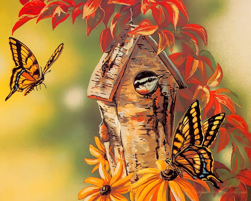 Bird's House, autumn, leaves, painting, blossoms, flowers, butterflies, songbird, HD wallpaper