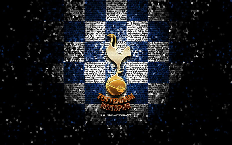 Tottenham Hotspur FC, glitter logo, Premier League, blue white checkered background, soccer, FC Tottenham Hotspur, english football club, Tottenham Hotspur logo, mosaic art, football, England, HD wallpaper